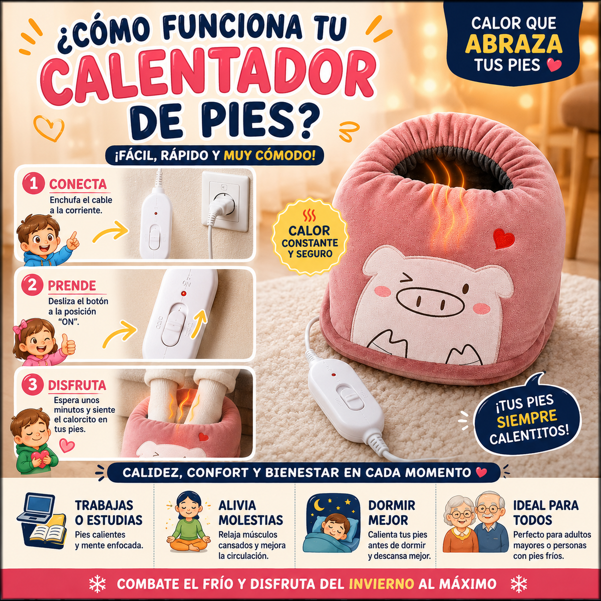 a pantufla de peluche que calienta tus pies al instante, ¡nunca más frío!